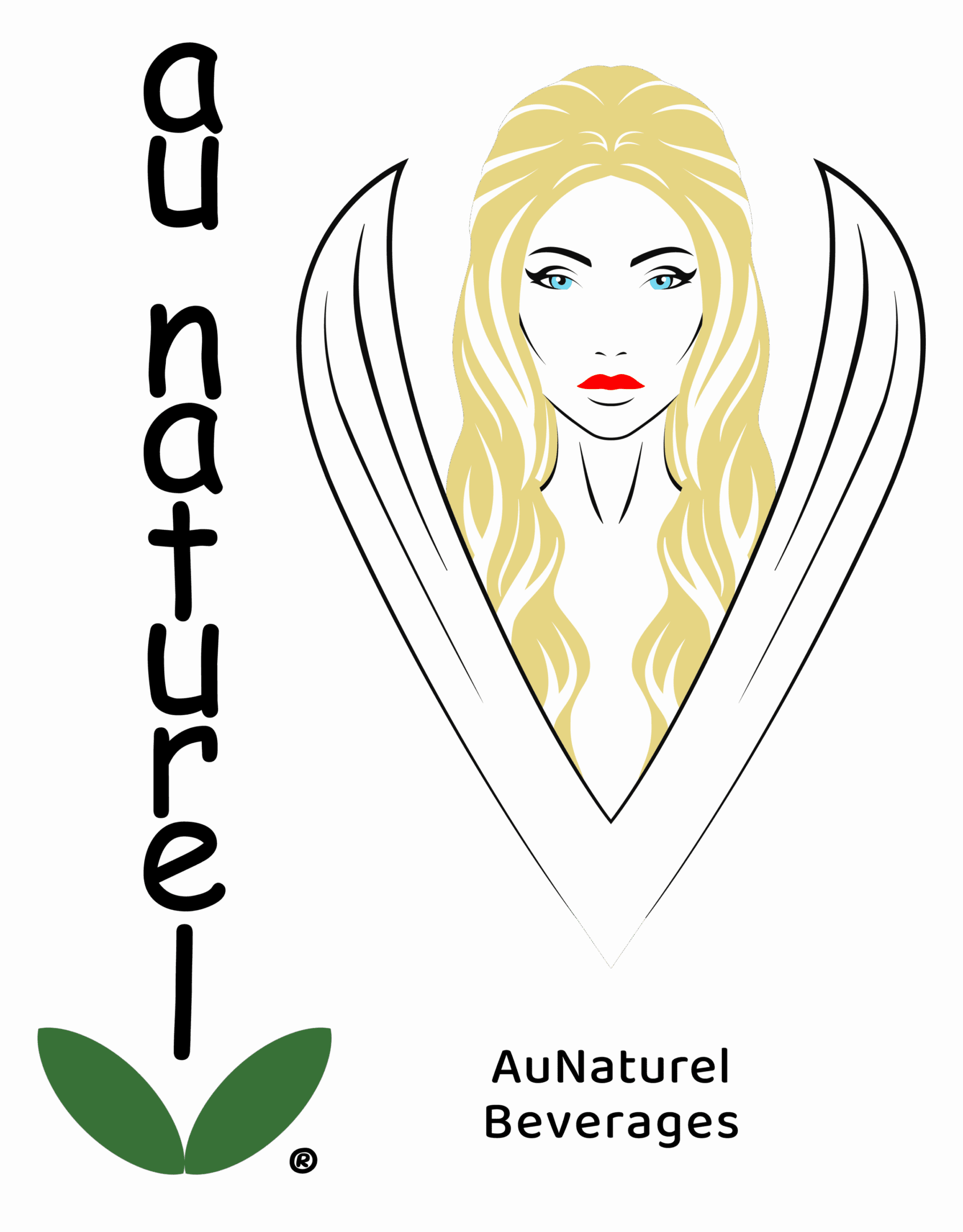 Stylized woman, beverage logo, green leaves