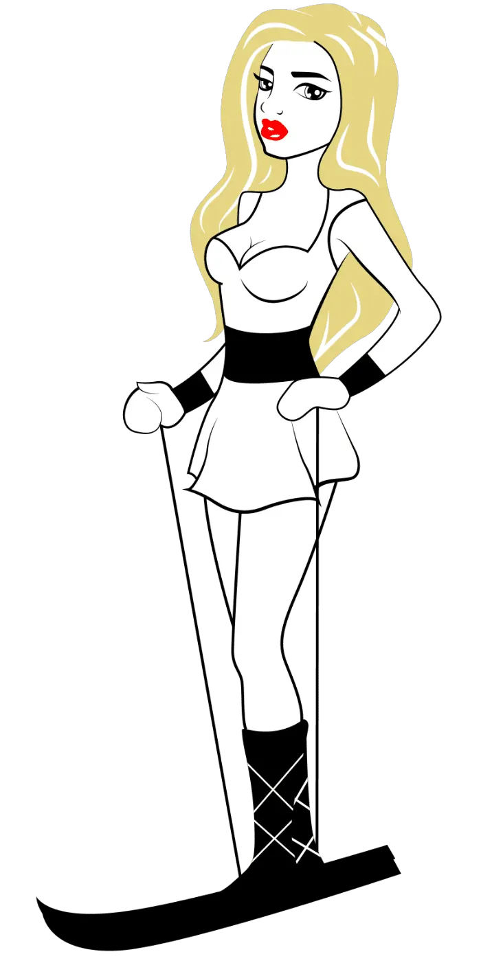 Woman in a dress and black boots, holding a pair of skis, against a white background